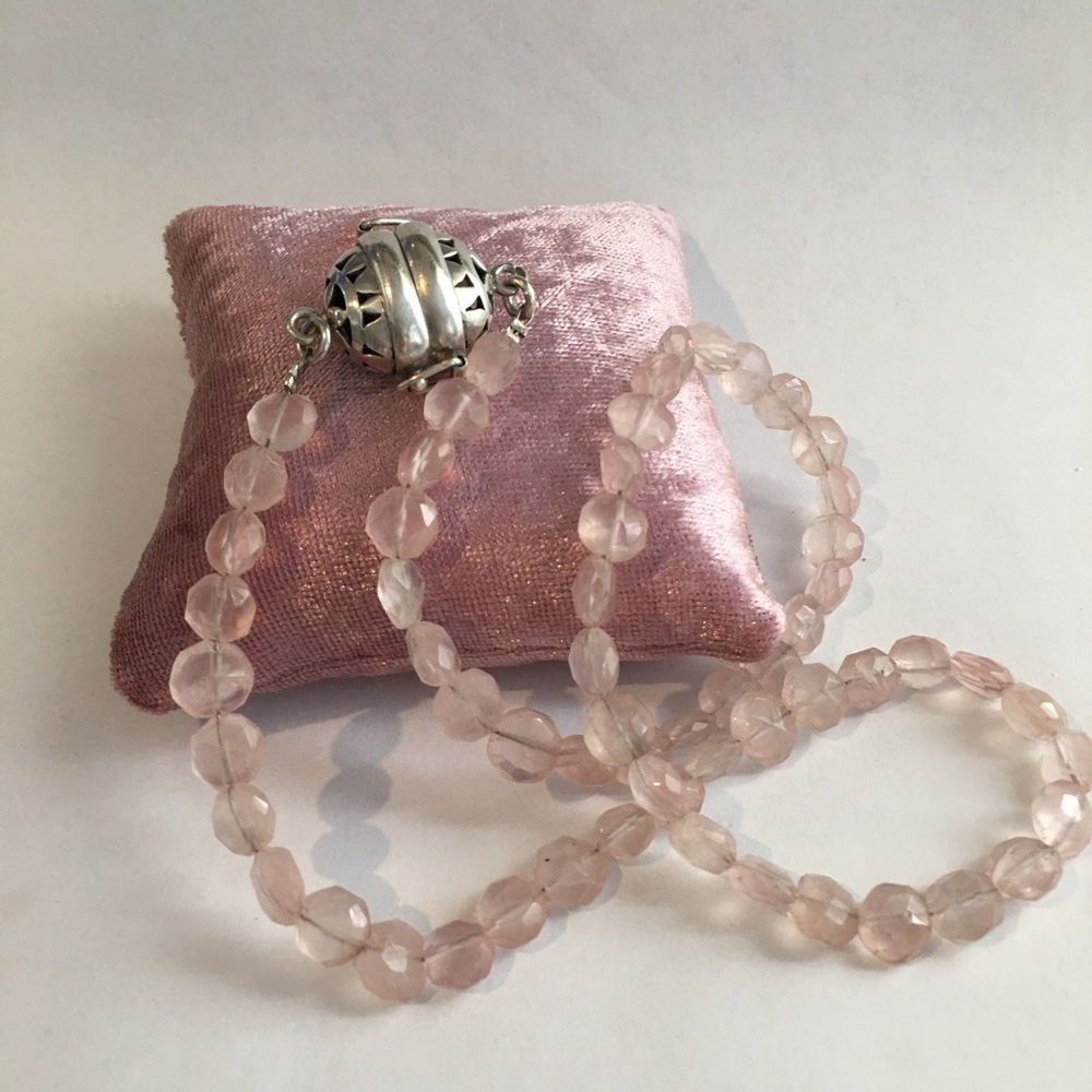 Faceted rose quartz bead sterling silver necklace